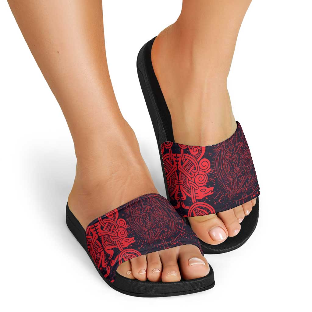 Norse Viking Dragon Slide Sandals Celtic Knotwork and Runic Mythology Art