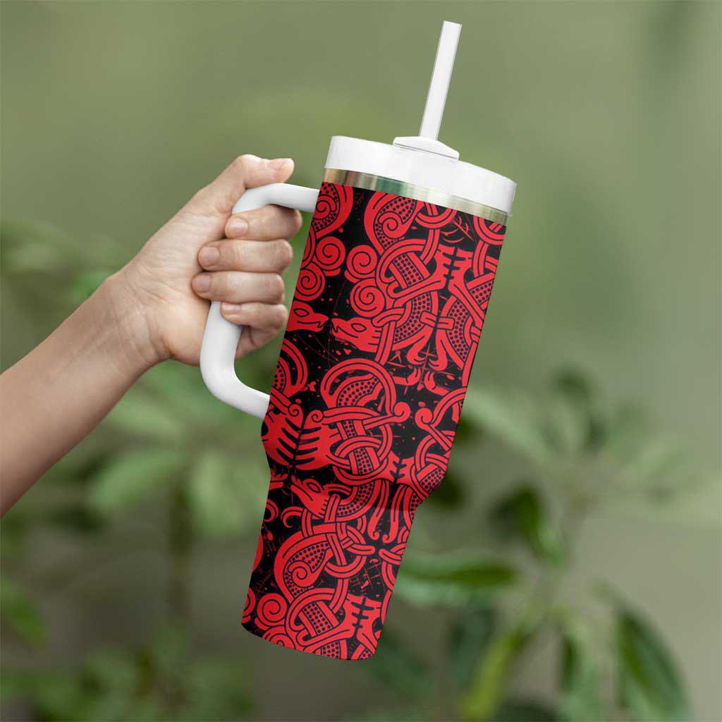 Norse Viking Dragon Tumbler With Handle Celtic Knotwork and Runic Mythology Art