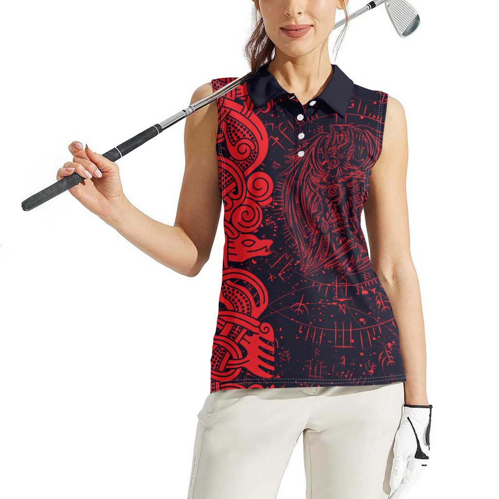 Norse Viking Dragon Women Sleeveless Polo Shirt Celtic Knotwork and Runic Mythology Art