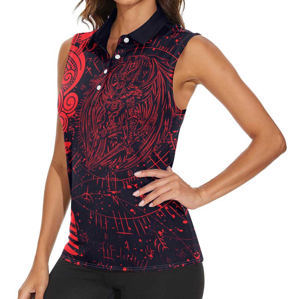 Norse Viking Dragon Women Sleeveless Polo Shirt Celtic Knotwork and Runic Mythology Art