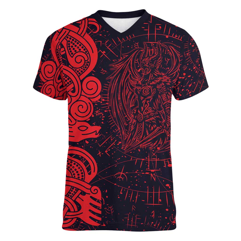Norse Viking Dragon Women V-Neck T-Shirt Celtic Knotwork and Runic Mythology Art