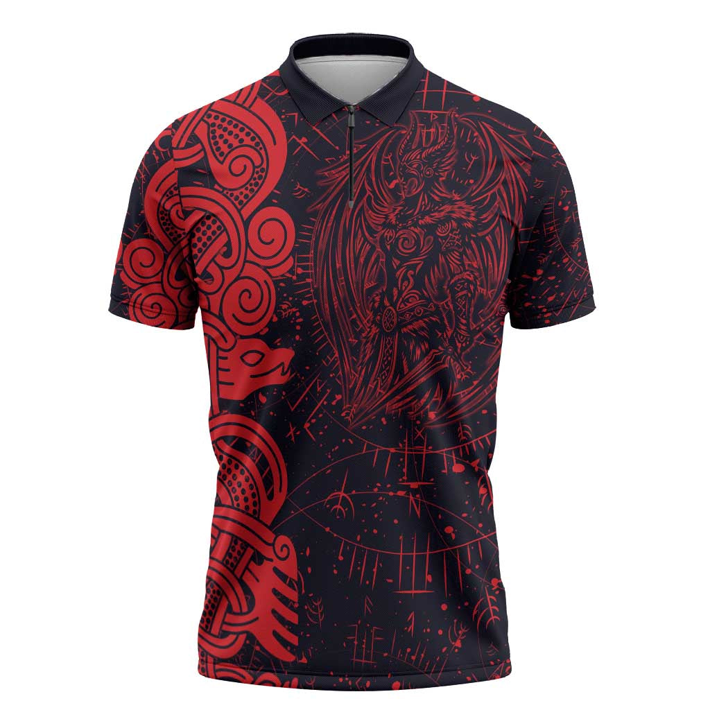 Norse Viking Dragon Zipper Polo Shirt Celtic Knotwork and Runic Mythology Art