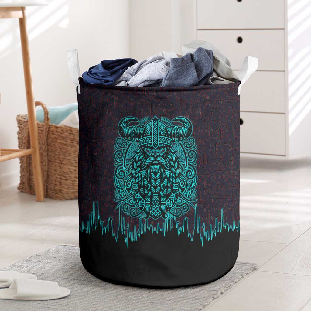 Viking Warrior Helm Laundry Basket Neon Tribal Linework and Runic Pattern Art