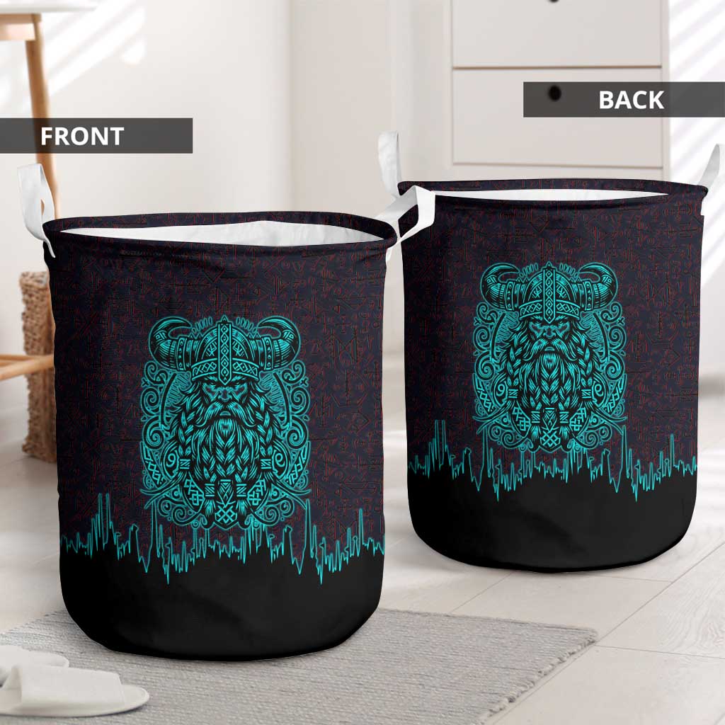 Viking Warrior Helm Laundry Basket Neon Tribal Linework and Runic Pattern Art