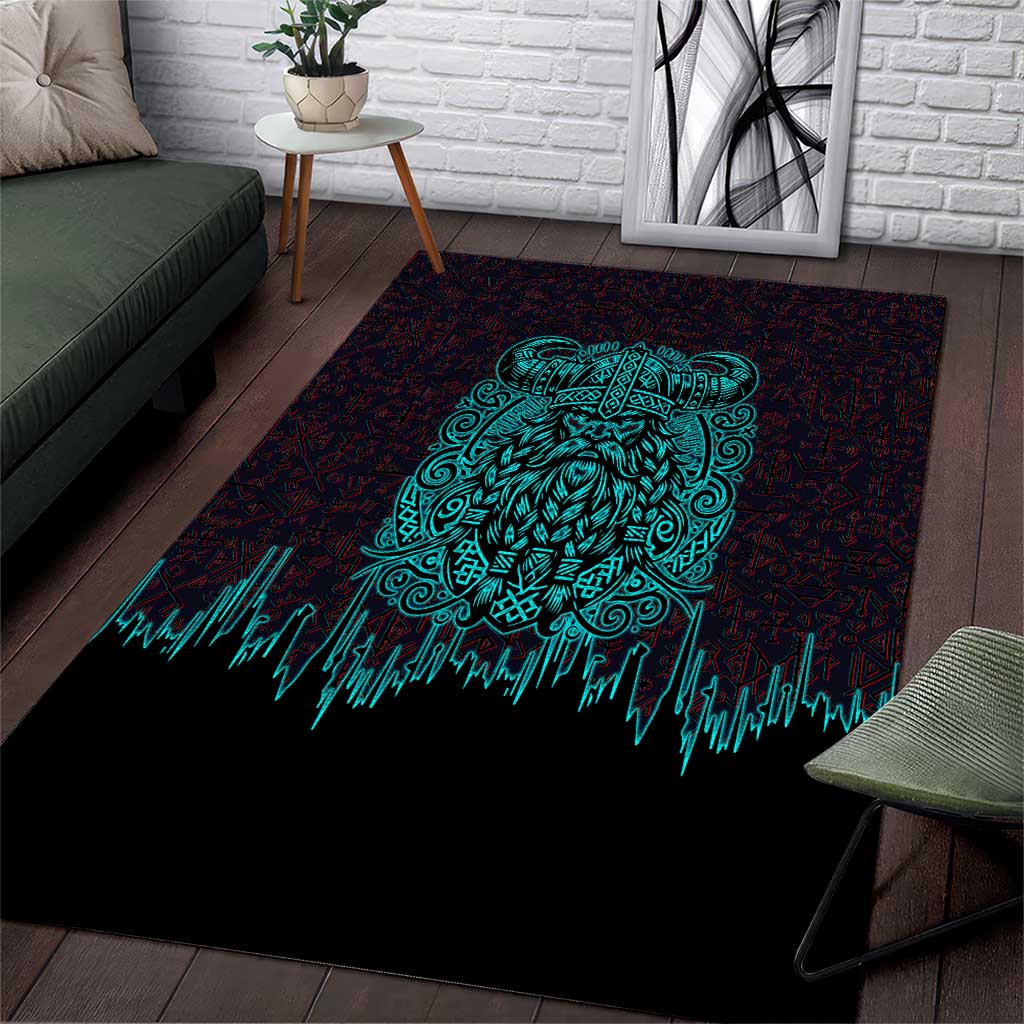Viking Warrior Helm Area Rug Neon Tribal Linework and Runic Pattern Art