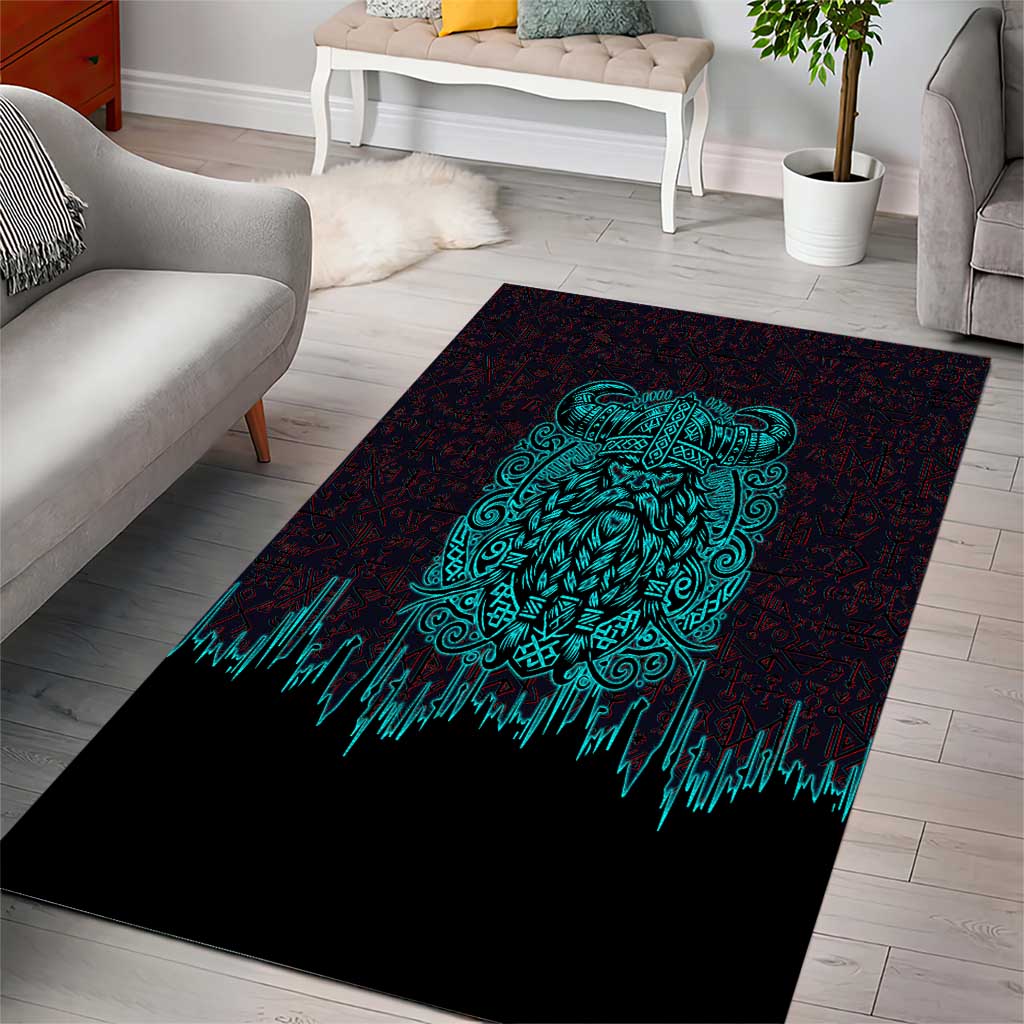 Viking Warrior Helm Area Rug Neon Tribal Linework and Runic Pattern Art