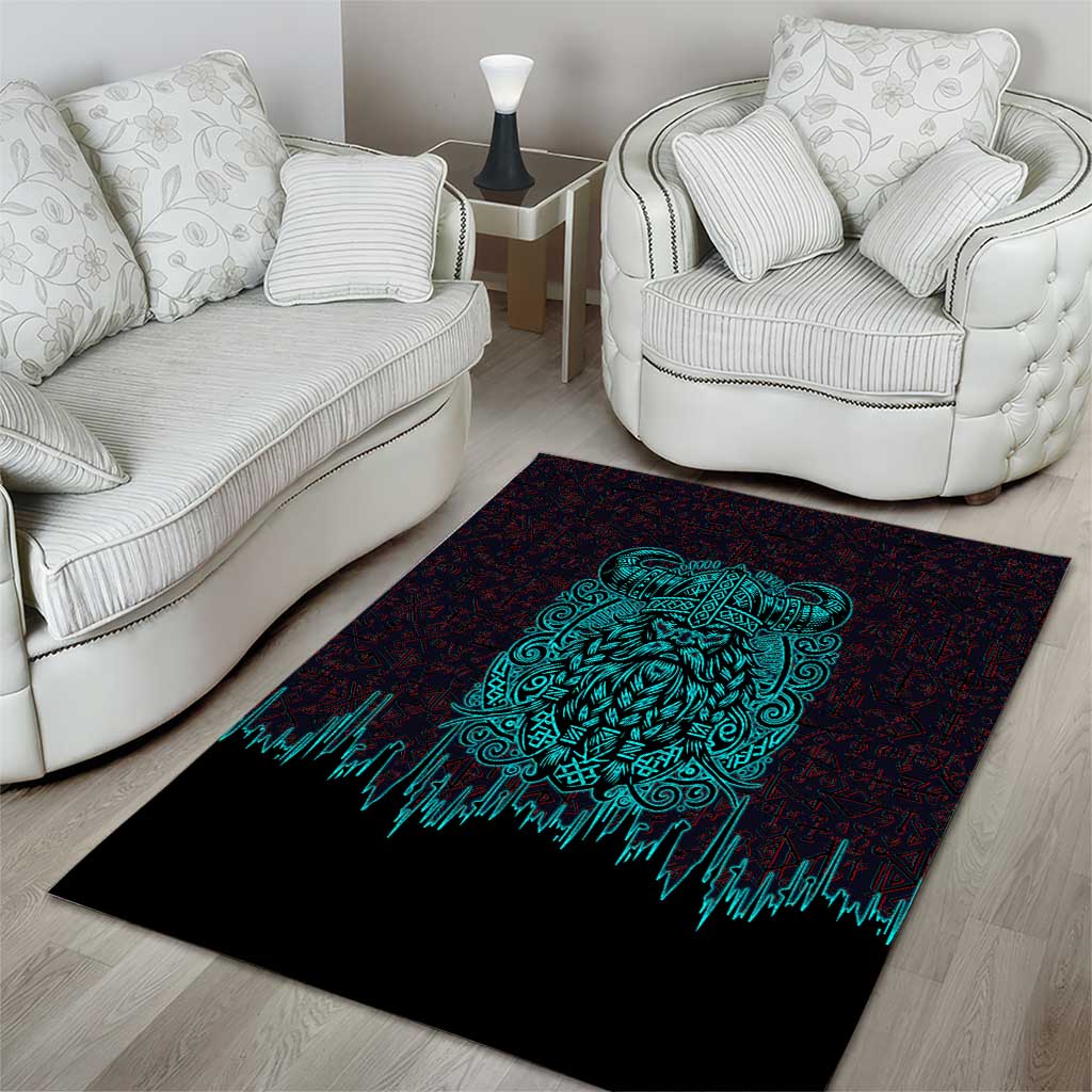 Viking Warrior Helm Area Rug Neon Tribal Linework and Runic Pattern Art