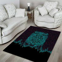 Viking Warrior Helm Area Rug Neon Tribal Linework and Runic Pattern Art
