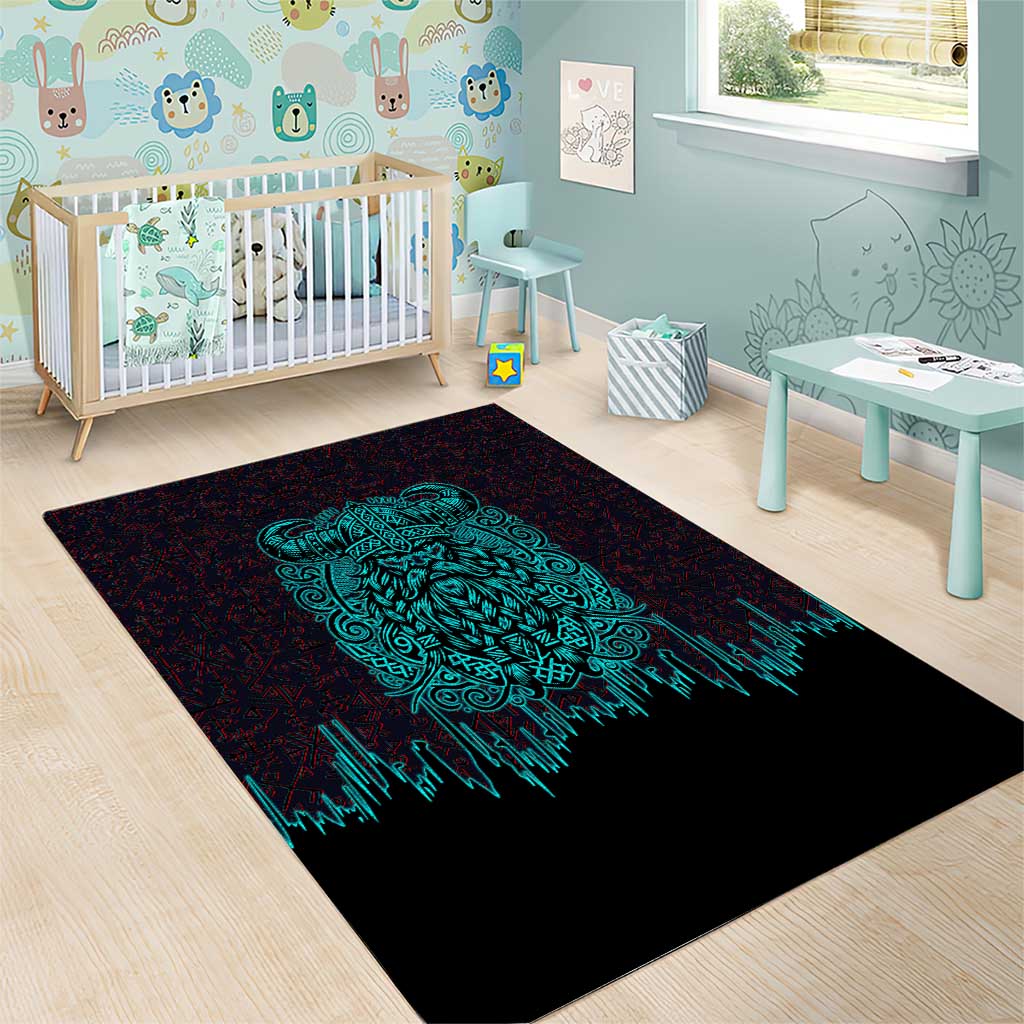 Viking Warrior Helm Area Rug Neon Tribal Linework and Runic Pattern Art