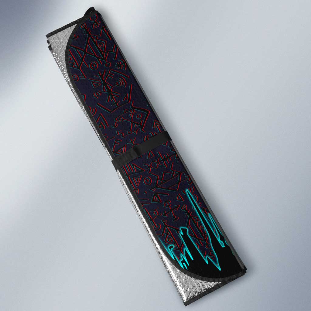 Viking Warrior Helm Auto Sun Shade Neon Tribal Linework and Runic Pattern Art