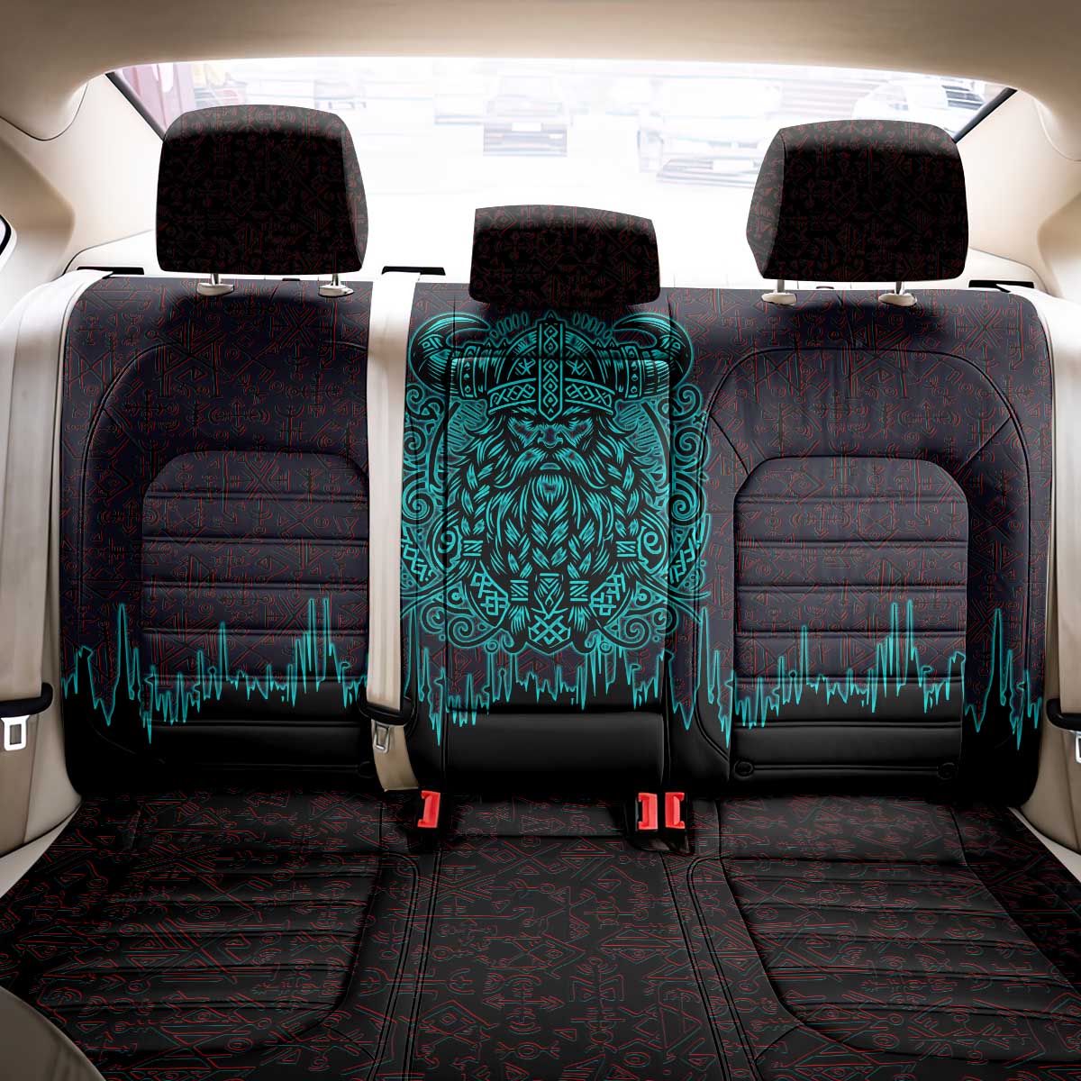 Viking Warrior Helm Back Car Seat Cover Neon Tribal Linework and Runic Pattern Art