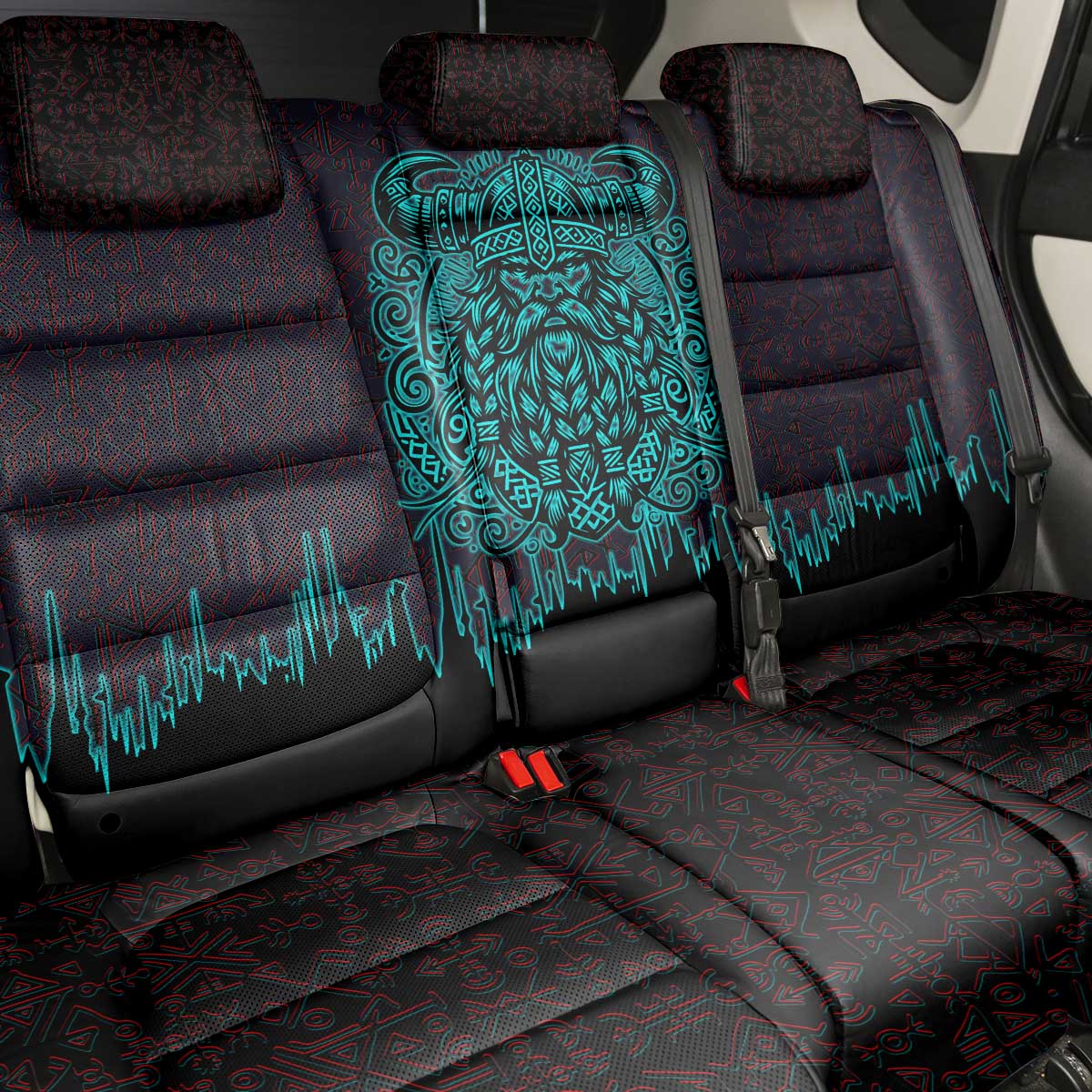 Viking Warrior Helm Back Car Seat Cover Neon Tribal Linework and Runic Pattern Art