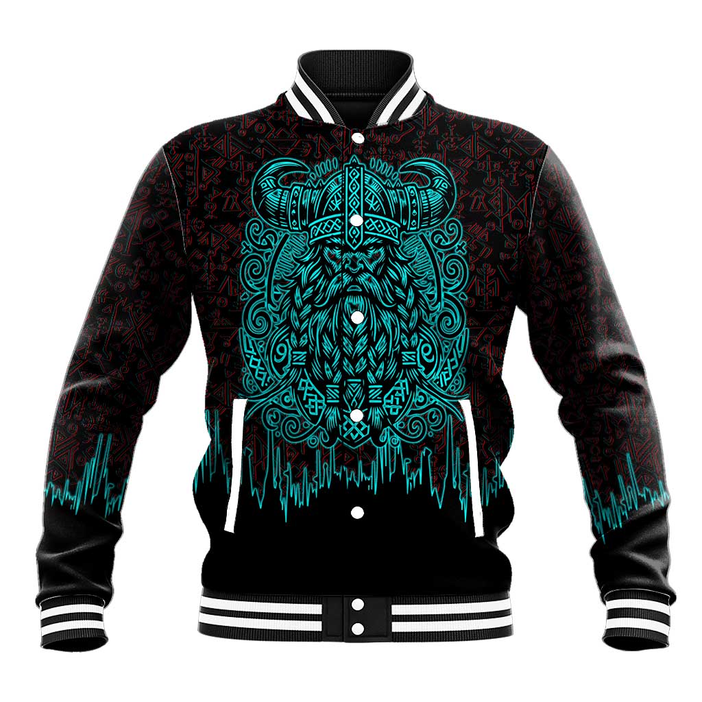 Viking Warrior Helm Baseball Jacket Neon Tribal Linework and Runic Pattern Art