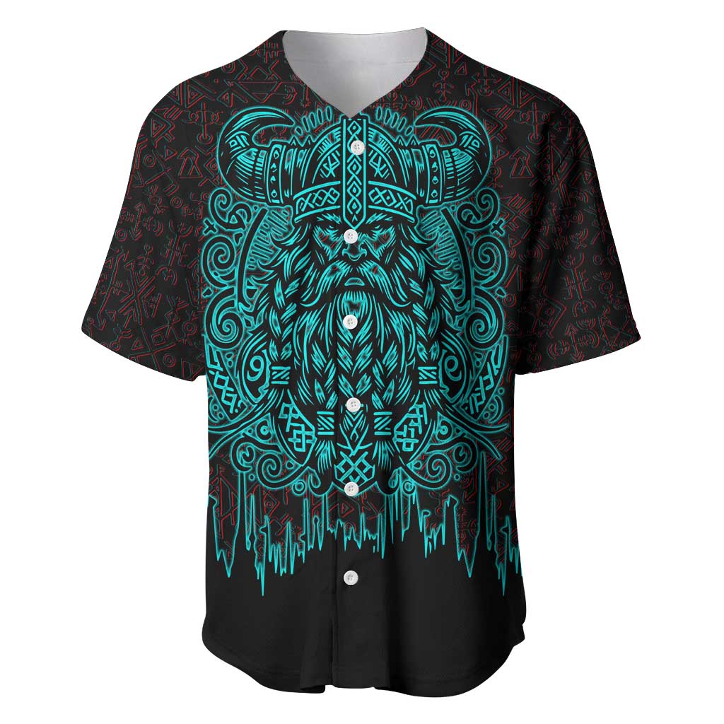 Viking Warrior Helm Baseball Jersey Neon Tribal Linework and Runic Pattern Art