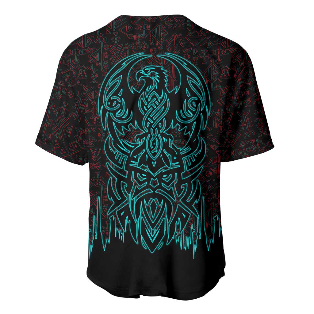 Viking Warrior Helm Baseball Jersey Neon Tribal Linework and Runic Pattern Art