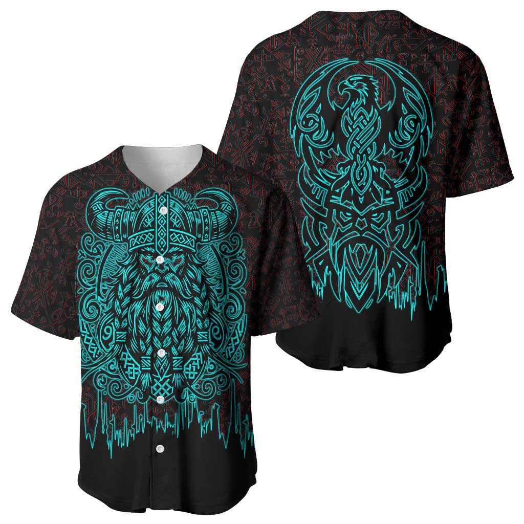 Viking Warrior Helm Baseball Jersey Neon Tribal Linework and Runic Pattern Art