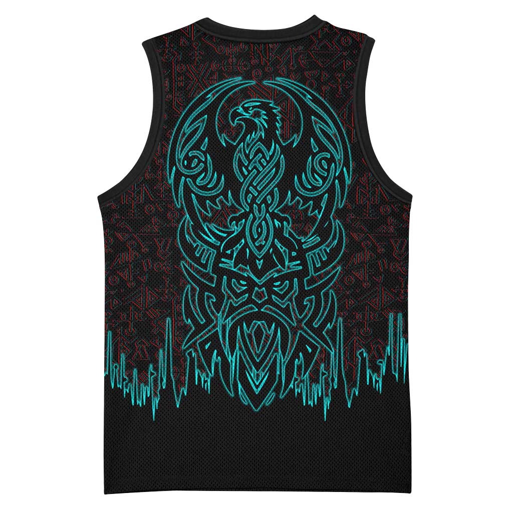Viking Warrior Helm Basketball Jersey Neon Tribal Linework and Runic Pattern Art