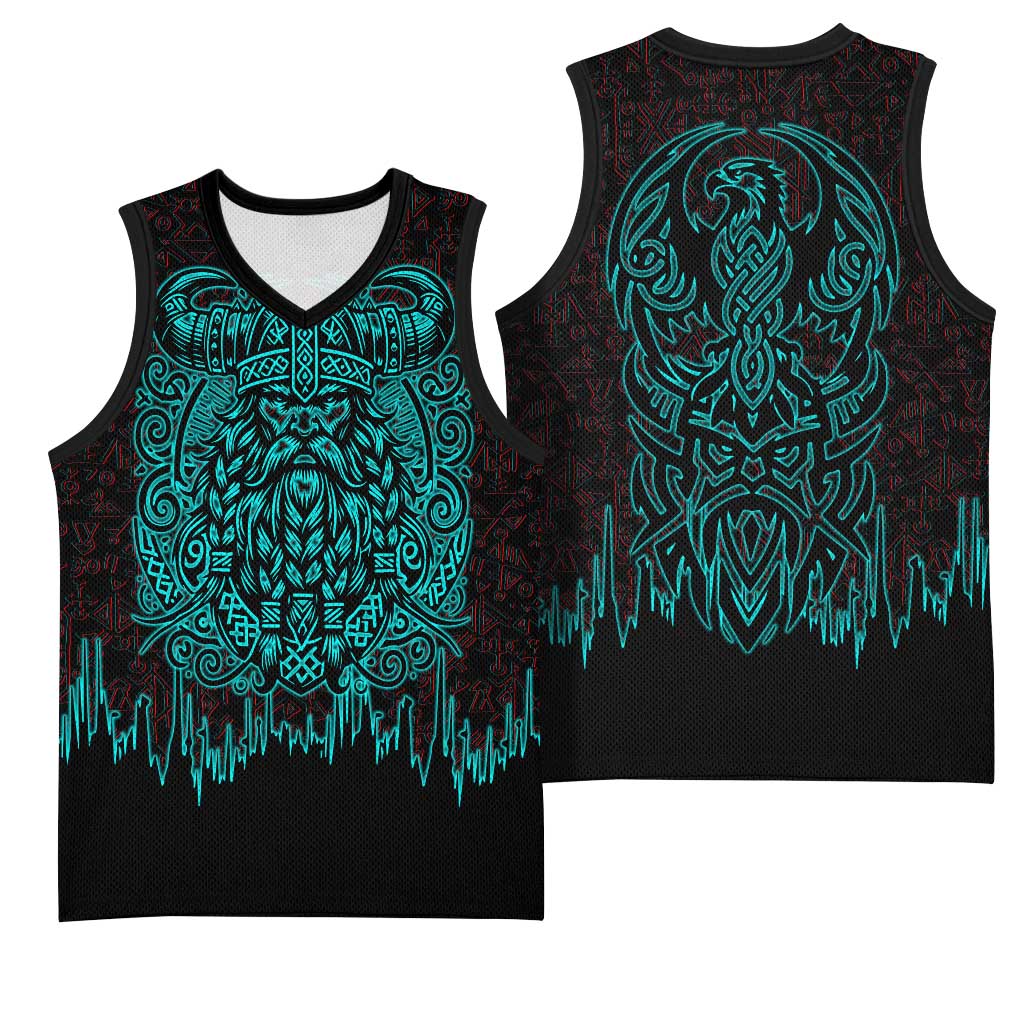 Viking Warrior Helm Basketball Jersey Neon Tribal Linework and Runic Pattern Art