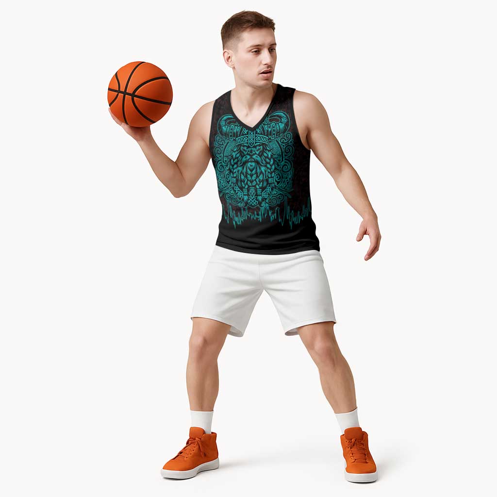 Viking Warrior Helm Basketball Jersey Neon Tribal Linework and Runic Pattern Art