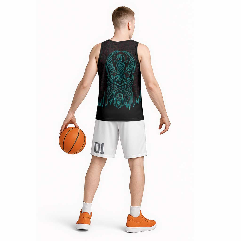 Viking Warrior Helm Basketball Jersey Neon Tribal Linework and Runic Pattern Art