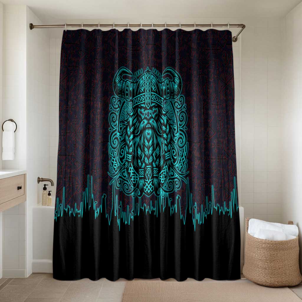 Viking Warrior Helm Bathroom Set Neon Tribal Linework and Runic Pattern Art