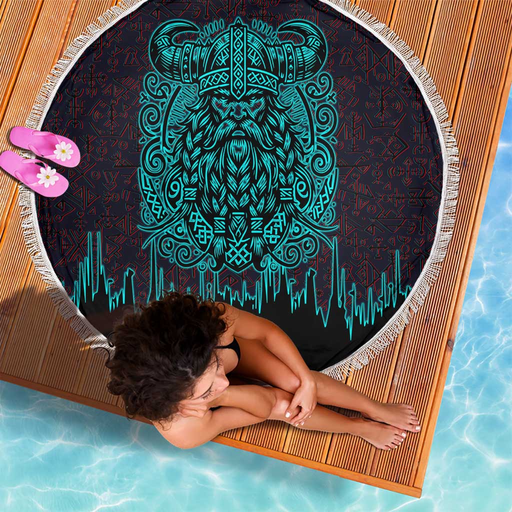 Viking Warrior Helm Beach Blanket Neon Tribal Linework and Runic Pattern Art