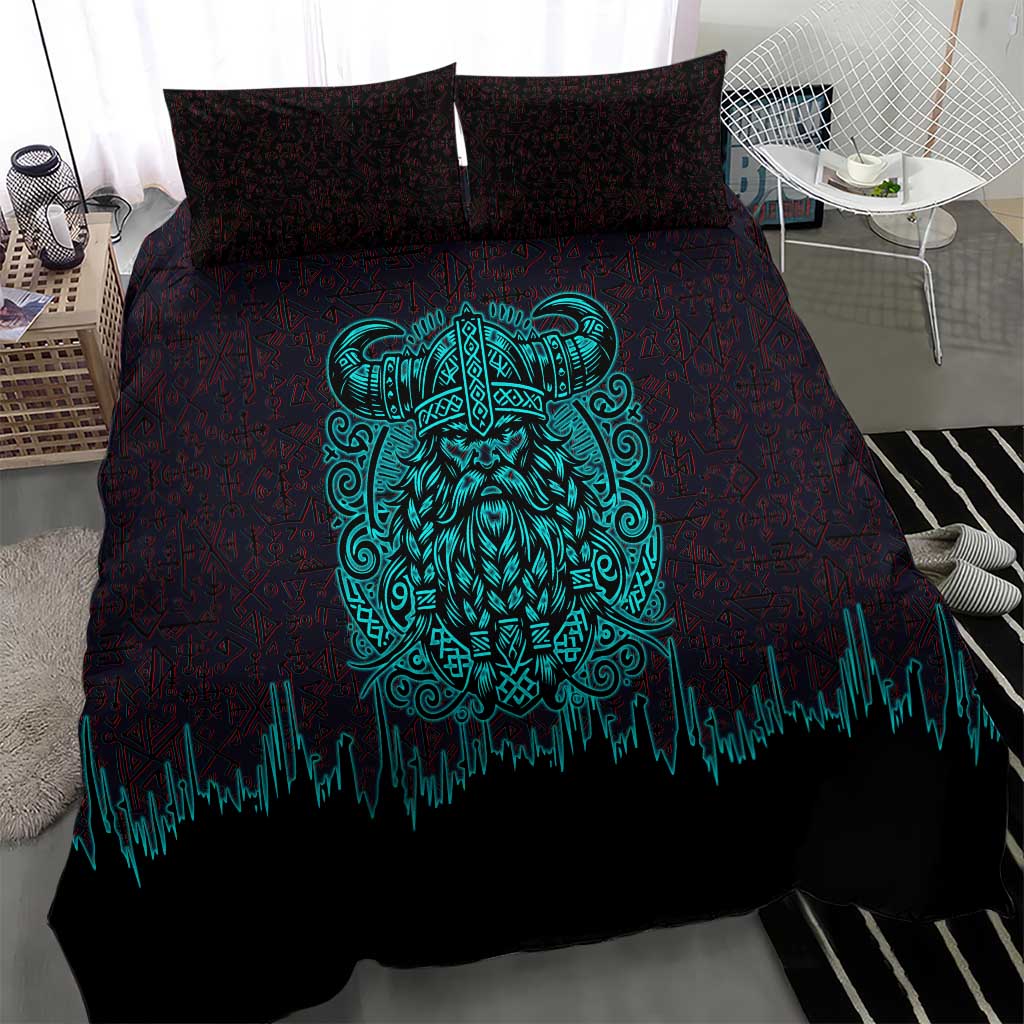 Viking Warrior Helm Bedding Set Neon Tribal Linework and Runic Pattern Art