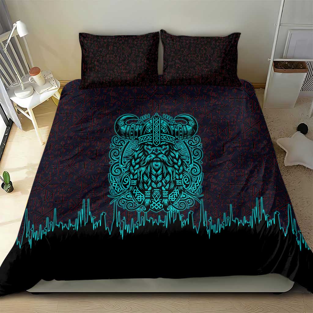 Viking Warrior Helm Bedding Set Neon Tribal Linework and Runic Pattern Art