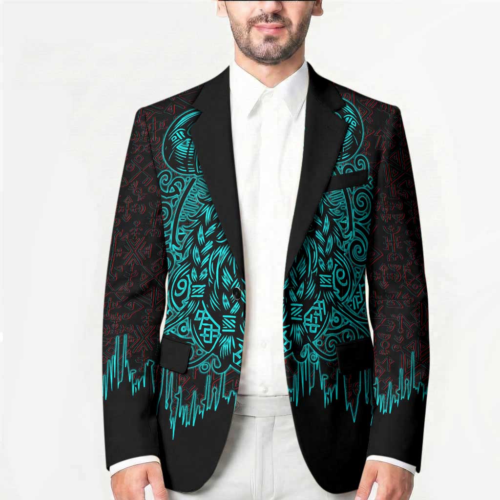 Viking Warrior Helm Blazer Neon Tribal Linework and Runic Pattern Art