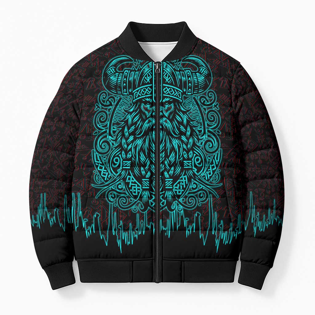 Viking Warrior Helm Bomber Puffer Jacket Neon Tribal Linework and Runic Pattern Art