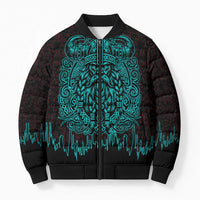 Viking Warrior Helm Bomber Puffer Jacket Neon Tribal Linework and Runic Pattern Art