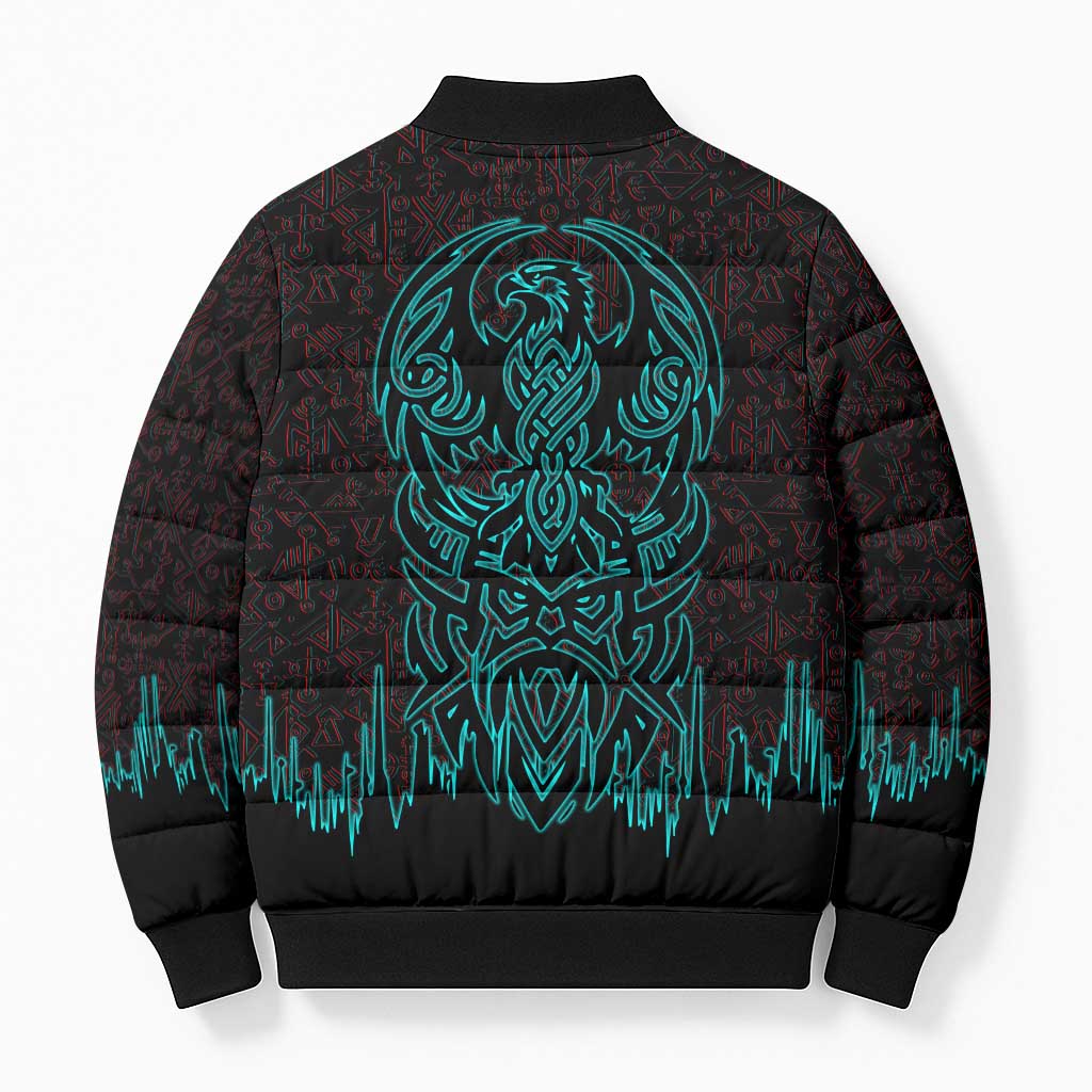 Viking Warrior Helm Bomber Puffer Jacket Neon Tribal Linework and Runic Pattern Art