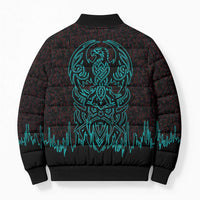 Viking Warrior Helm Bomber Puffer Jacket Neon Tribal Linework and Runic Pattern Art