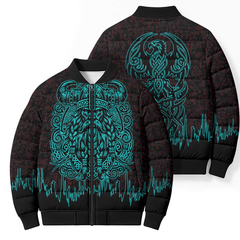 Viking Warrior Helm Bomber Puffer Jacket Neon Tribal Linework and Runic Pattern Art