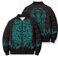 Viking Warrior Helm Bomber Puffer Jacket Neon Tribal Linework and Runic Pattern Art