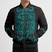 Viking Warrior Helm Bomber Puffer Jacket Neon Tribal Linework and Runic Pattern Art