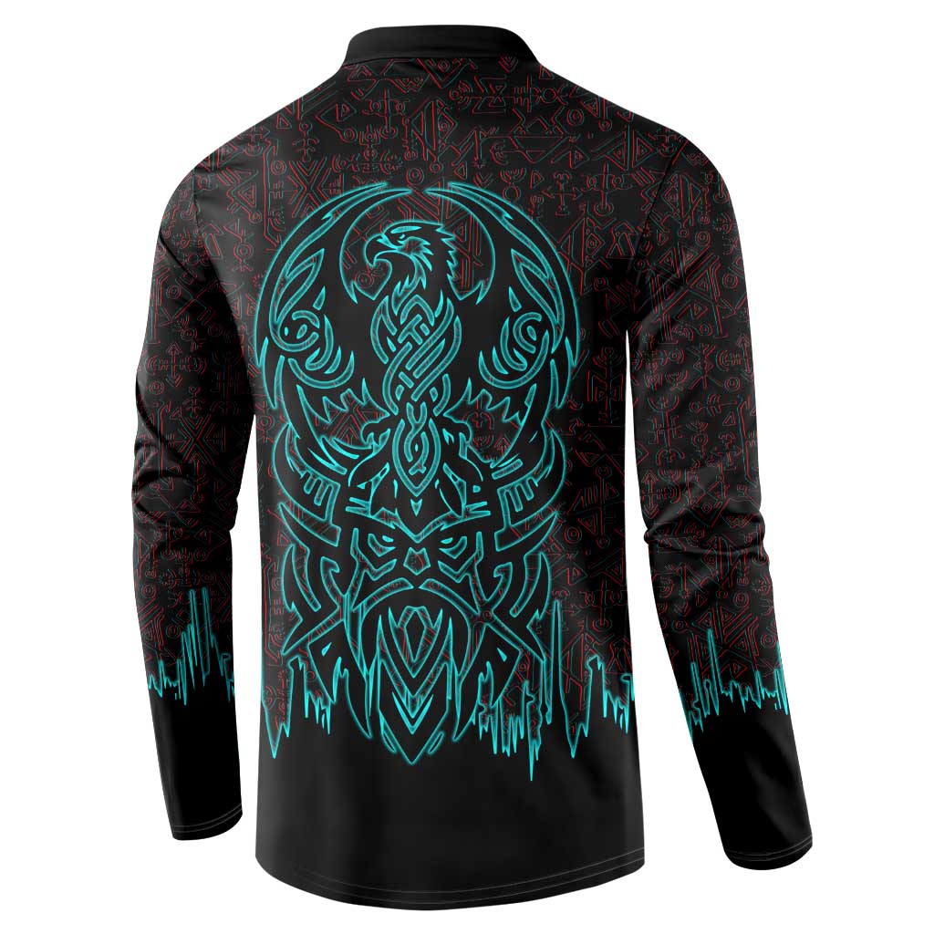 Viking Warrior Helm Button Sweatshirt Neon Tribal Linework and Runic Pattern Art