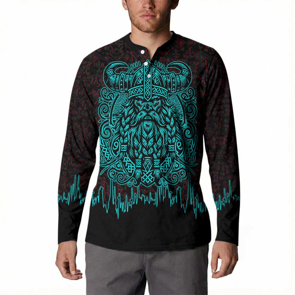 Viking Warrior Helm Button Sweatshirt Neon Tribal Linework and Runic Pattern Art