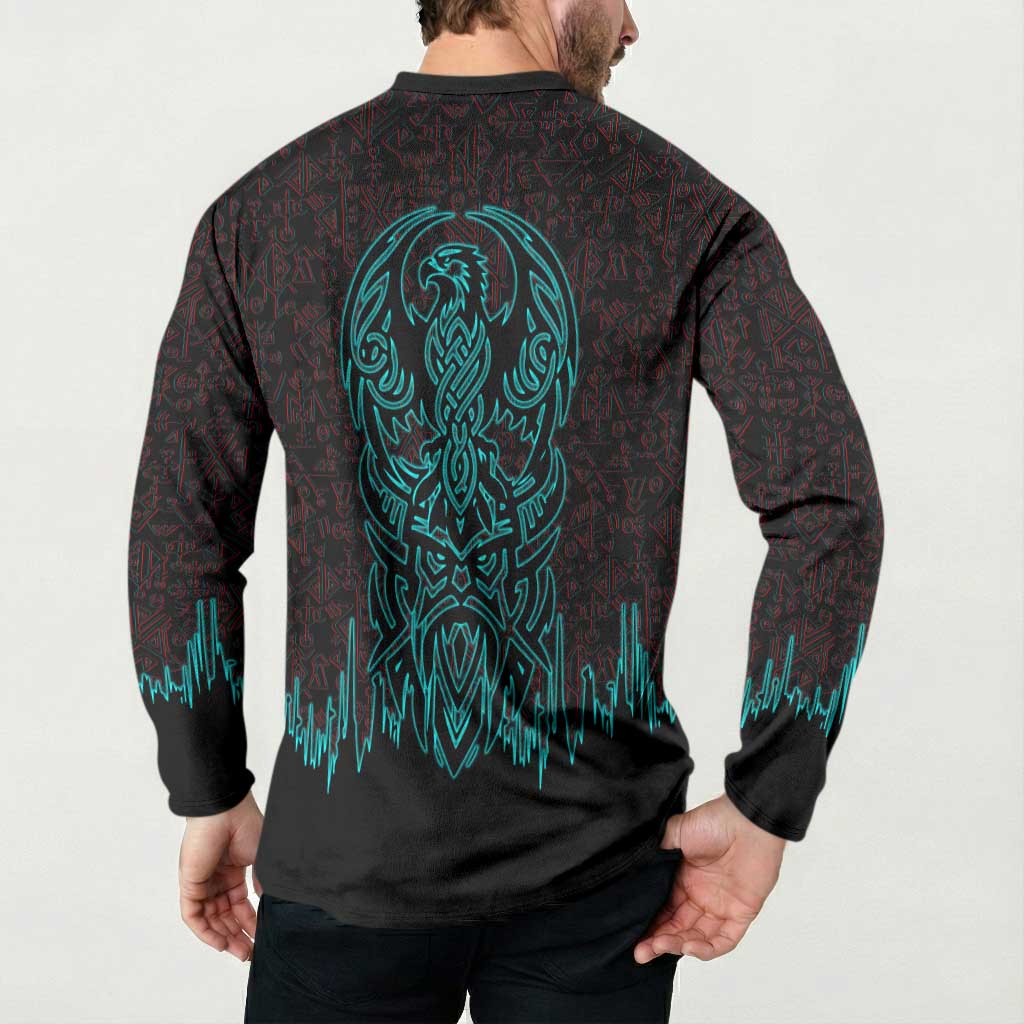 Viking Warrior Helm Button Sweatshirt Neon Tribal Linework and Runic Pattern Art