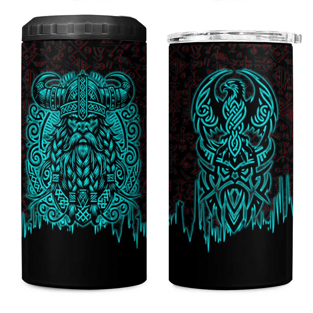 Viking Warrior Helm 4 in 1 Can Cooler Tumbler Neon Tribal Linework and Runic Pattern Art