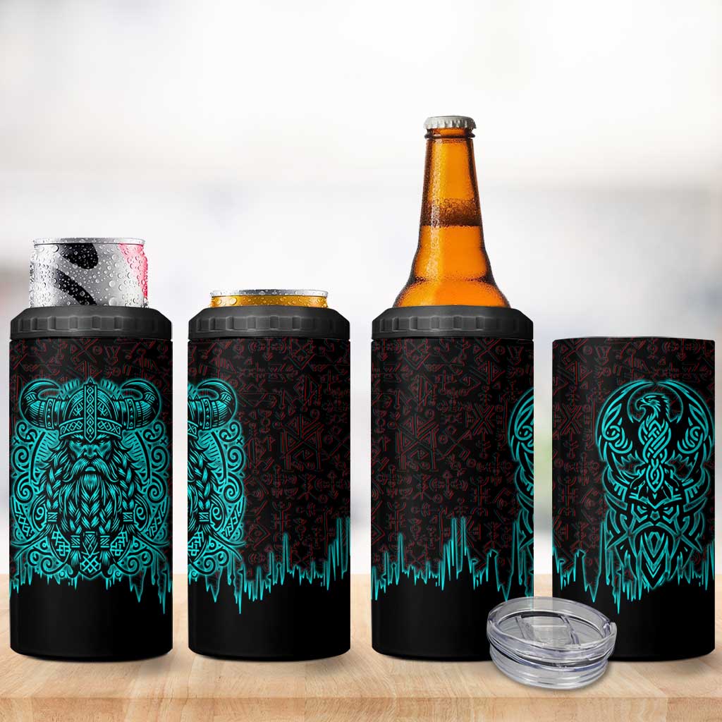Viking Warrior Helm 4 in 1 Can Cooler Tumbler Neon Tribal Linework and Runic Pattern Art