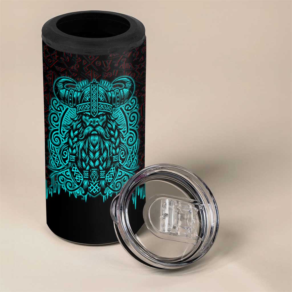 Viking Warrior Helm 4 in 1 Can Cooler Tumbler Neon Tribal Linework and Runic Pattern Art