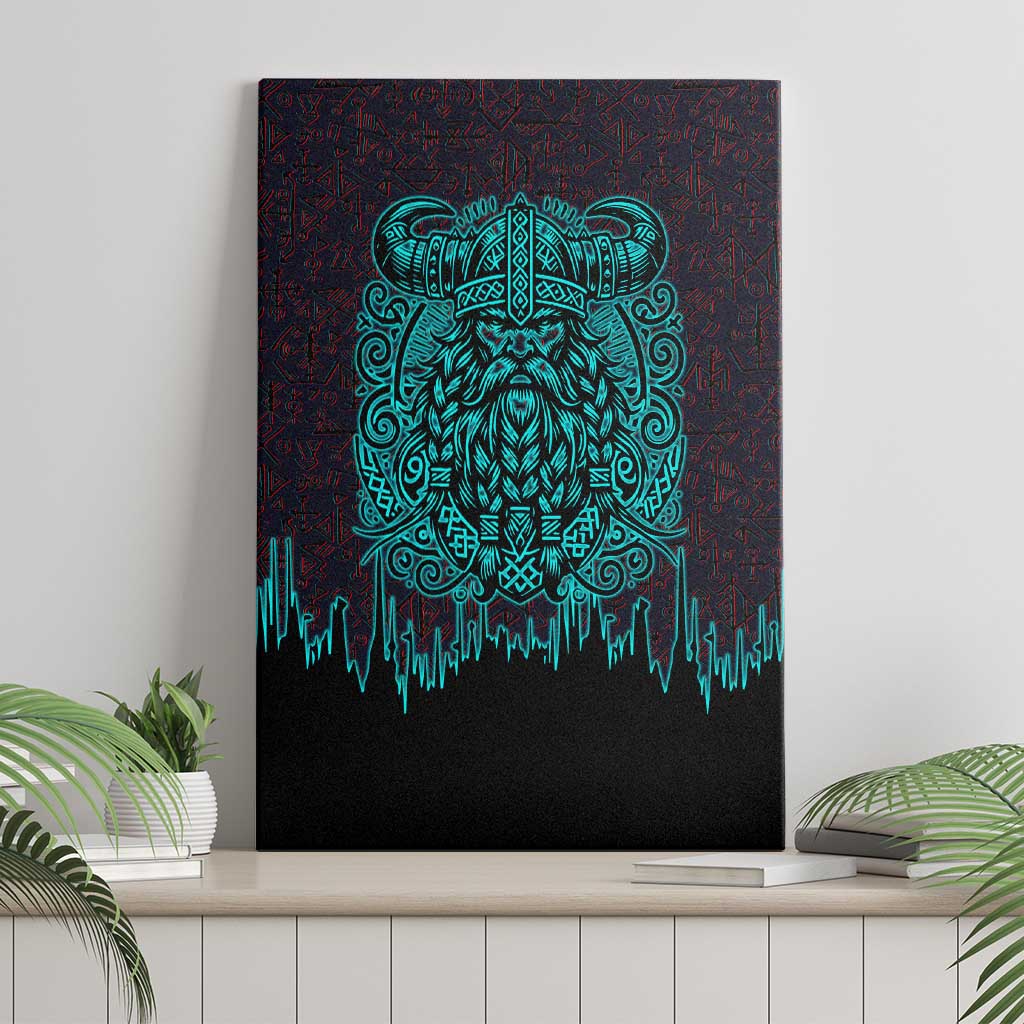 Viking Warrior Helm Canvas Wall Art Neon Tribal Linework and Runic Pattern Art