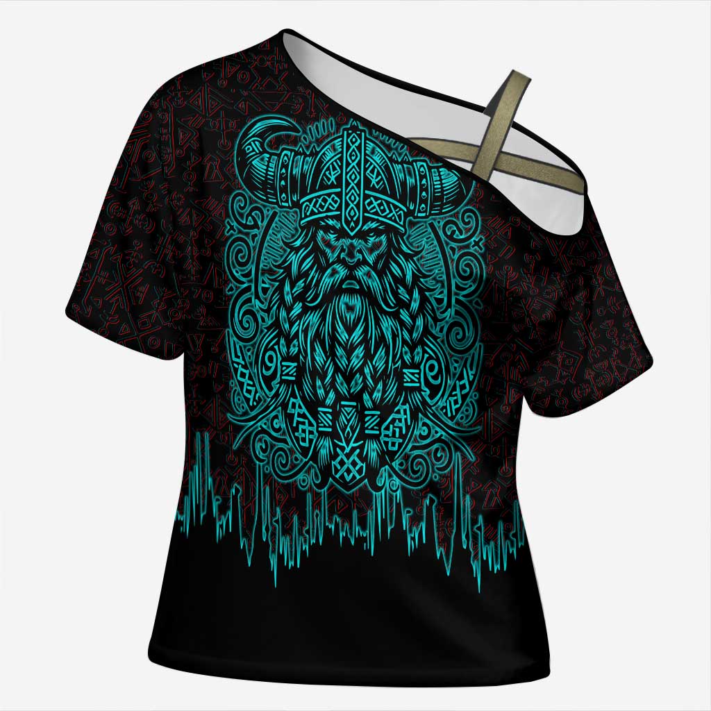 Viking Warrior Helm Cross Shoulder Shirt Neon Tribal Linework and Runic Pattern Art