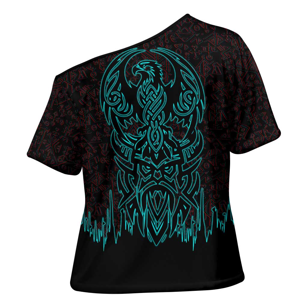 Viking Warrior Helm Cross Shoulder Shirt Neon Tribal Linework and Runic Pattern Art