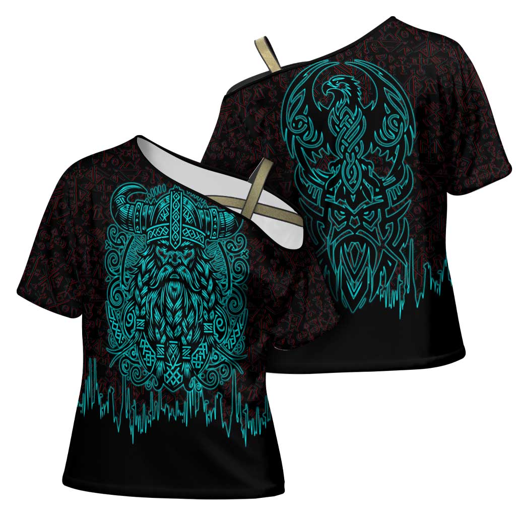 Viking Warrior Helm Cross Shoulder Shirt Neon Tribal Linework and Runic Pattern Art