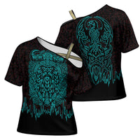 Viking Warrior Helm Cross Shoulder Shirt Neon Tribal Linework and Runic Pattern Art