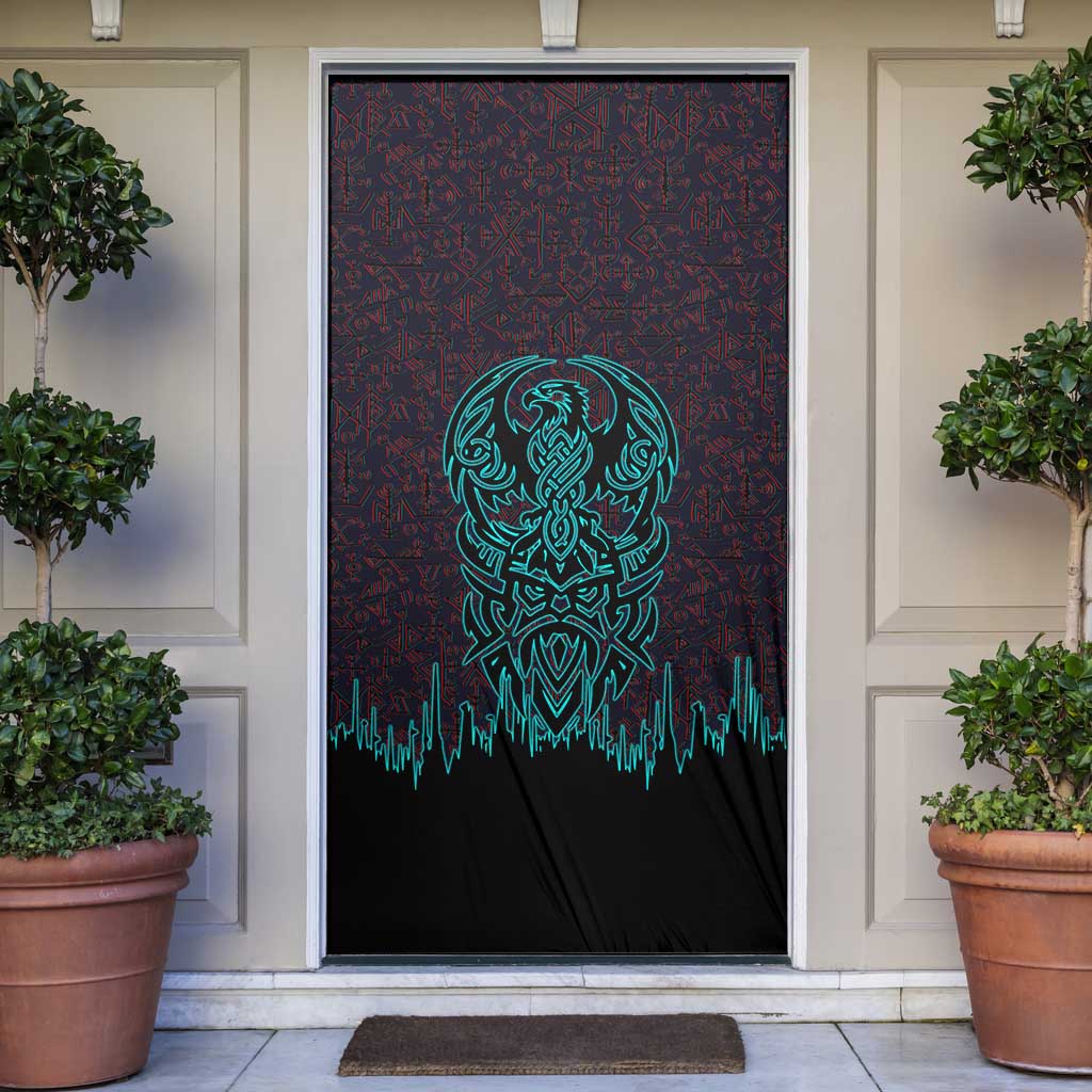 Viking Warrior Helm Door Cover Neon Tribal Linework and Runic Pattern Art