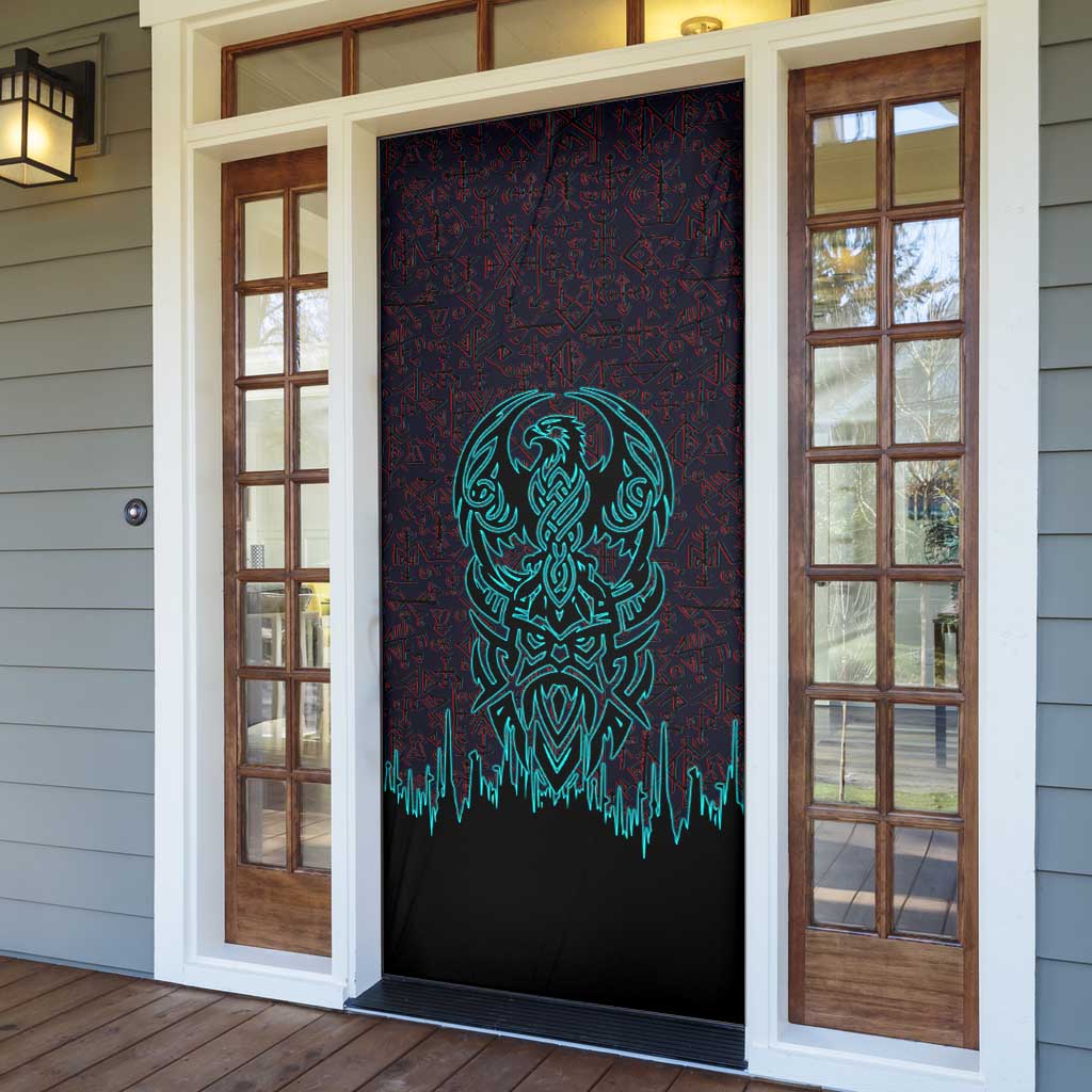 Viking Warrior Helm Door Cover Neon Tribal Linework and Runic Pattern Art