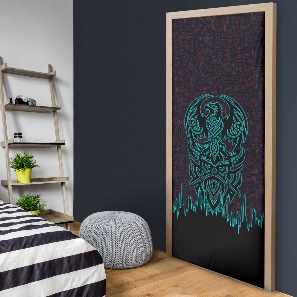 Viking Warrior Helm Door Cover Neon Tribal Linework and Runic Pattern Art